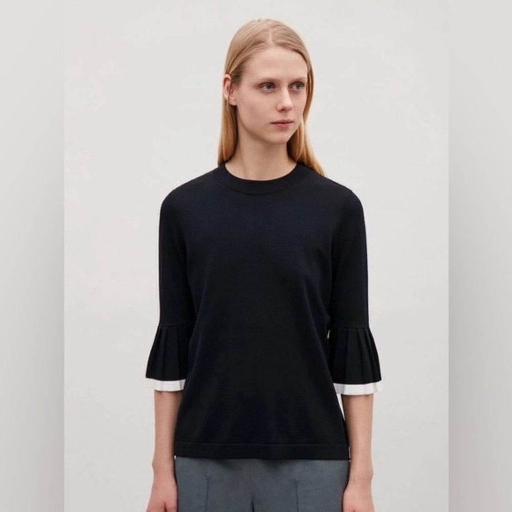 COS Pleated Bell Sleeve Monochrome Blouse Top Black White Contrast Knit Classic